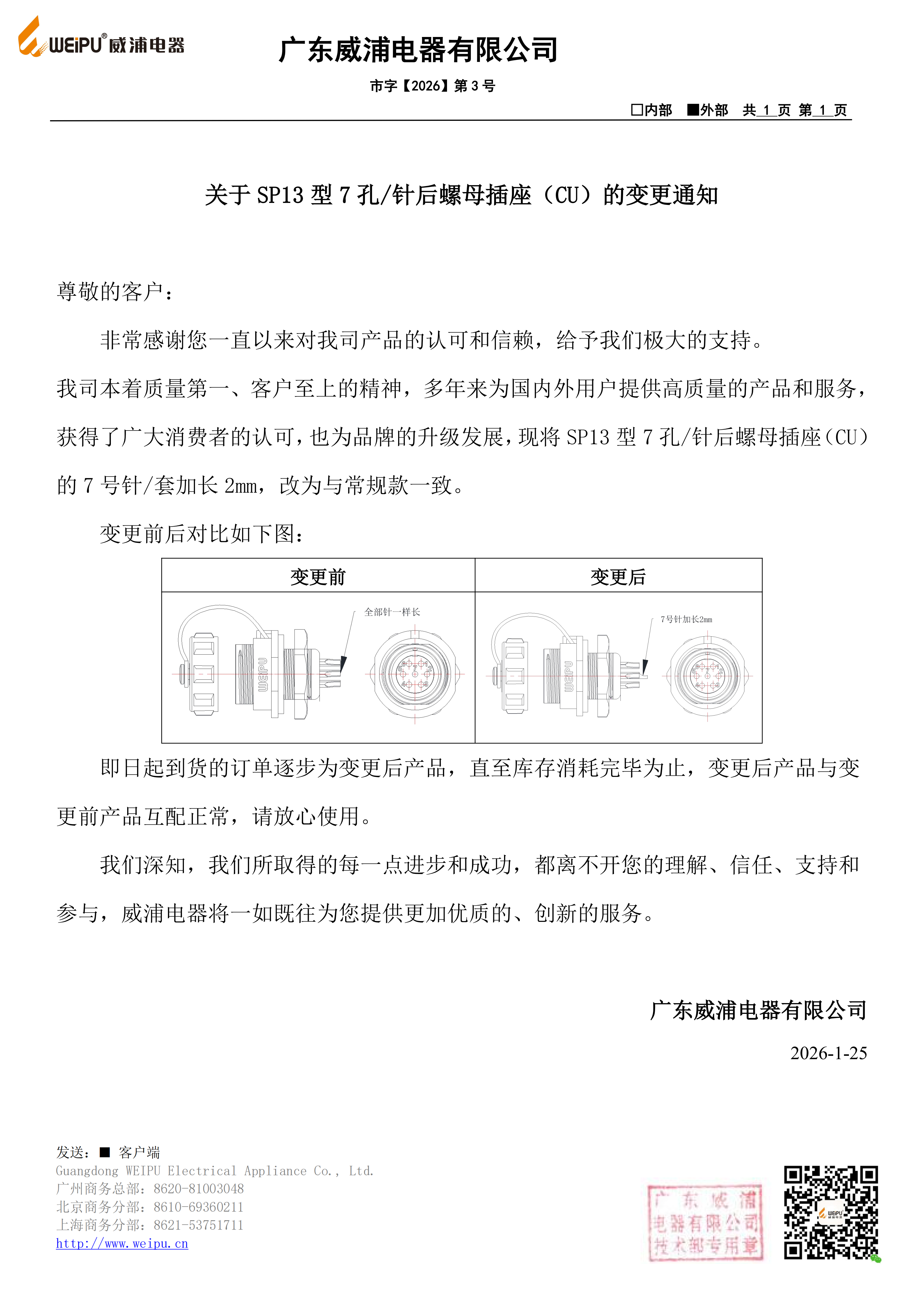 关于 SP13 型 7 孔/针后螺母插座(CU)的变更通知 关于 SP13 型 7 孔/针后螺母插座(CU)的变更通知